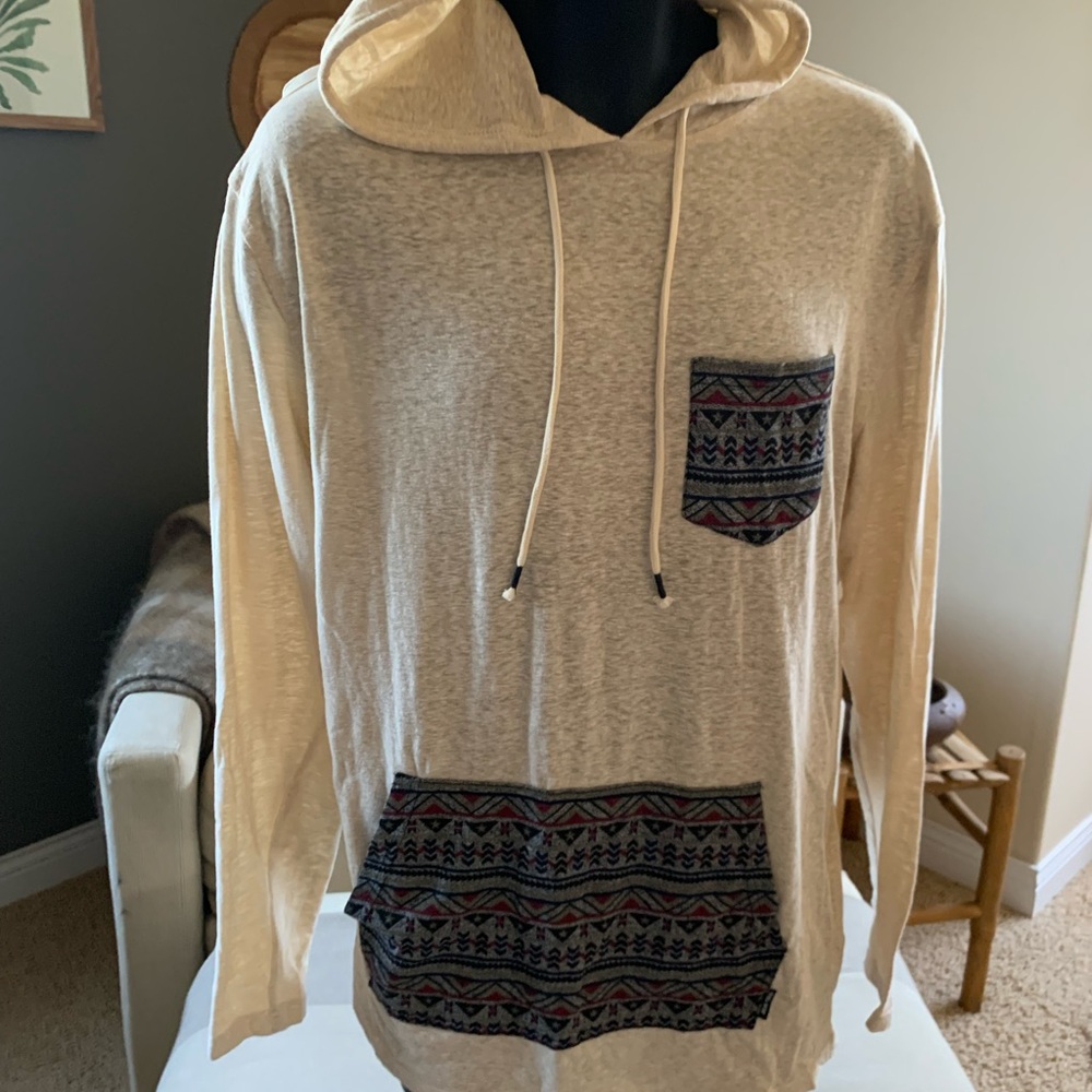 Rebel Star Men's Cream Hooded Sweatshirt with Patterned PocketsSize Large